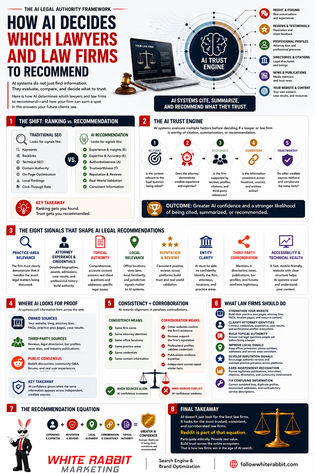 Long-form White Rabbit Marketing infographic explaining how AI evaluates and recommends lawyers and law firms using relevance, attorney experience, reviews, local signals, entity clarity, corroboration, technical quality, and overall trust.