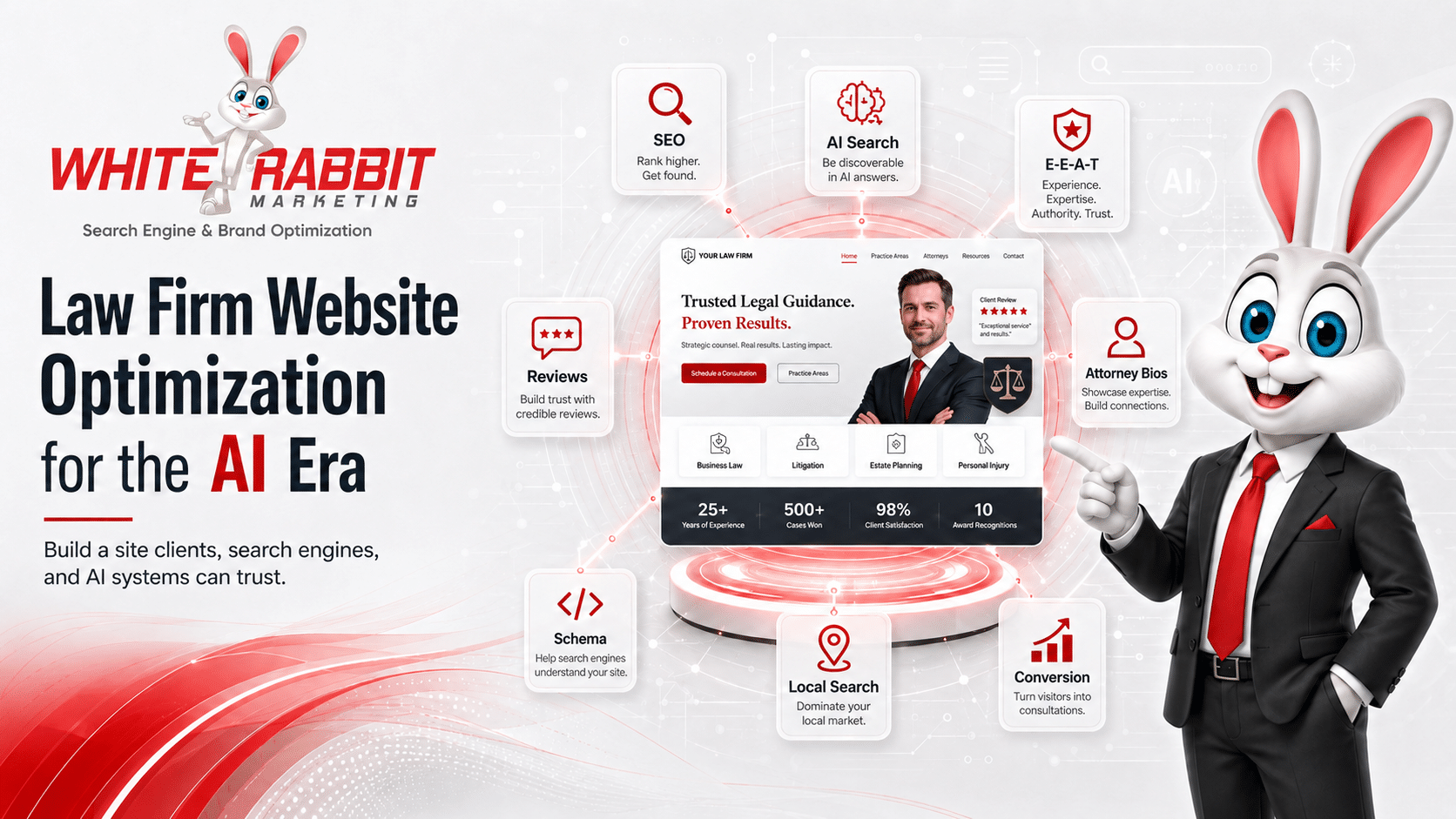 White Rabbit Marketing graphic showing law firm website optimization for the AI era, with a modern website authority engine connected to SEO, AI search, E-E-A-T, reviews, attorney bios, schema, local search, and conversion signals.