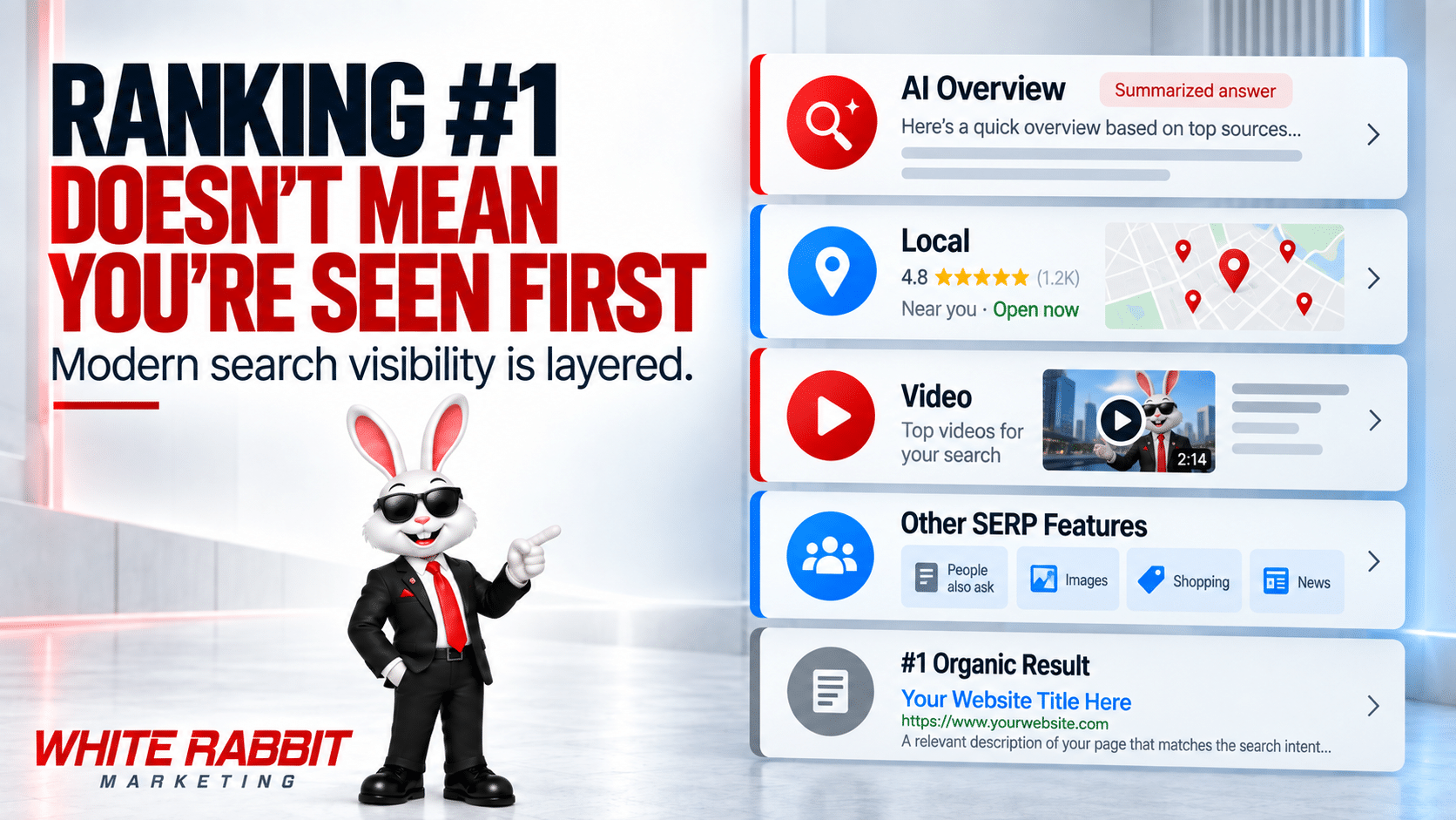 Illustration showing that ranking #1 in organic search does not always mean being seen first because AI Overview, Local, Video, and other Google search features can appear above it.